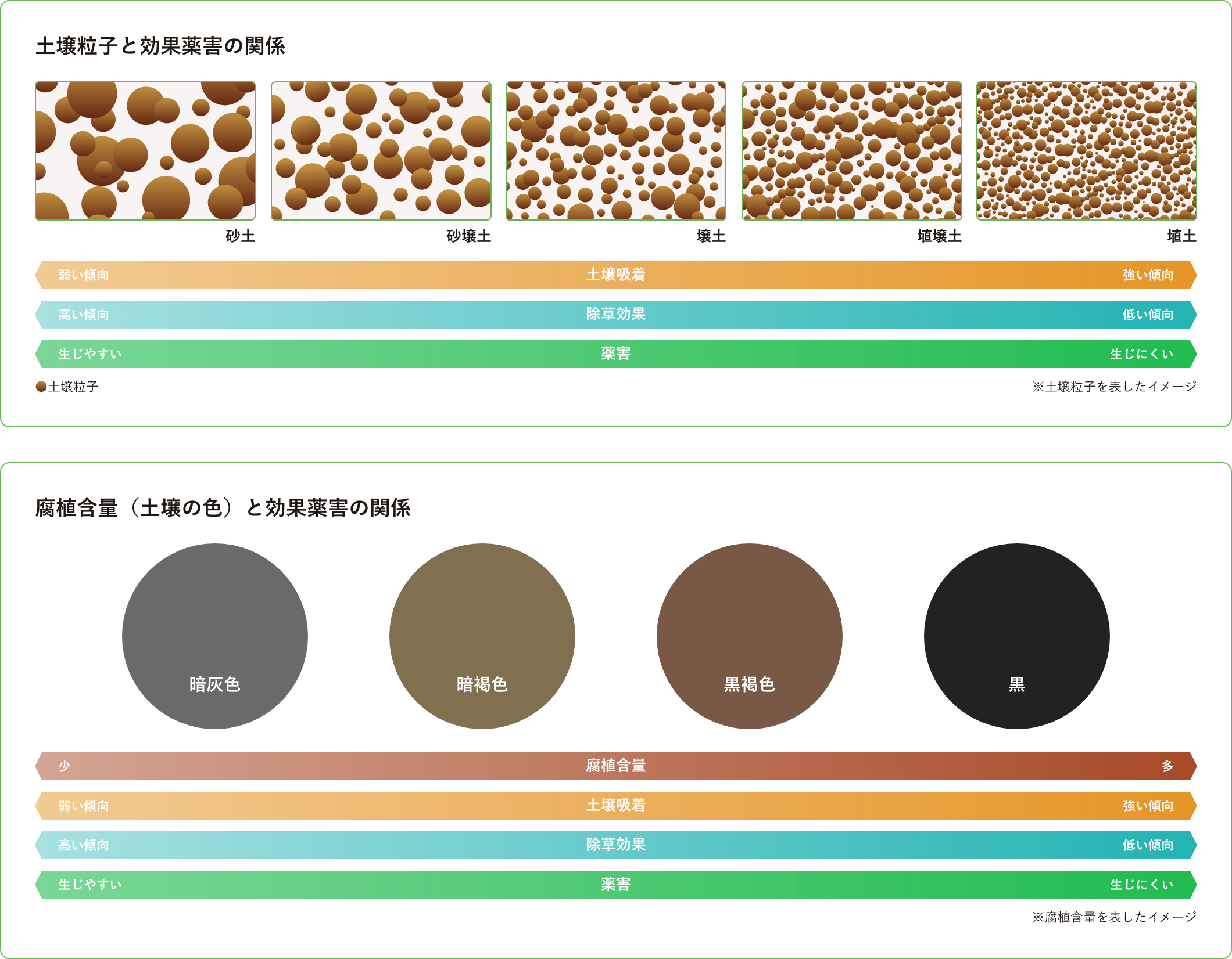 土壌粒子と効果薬害の関係、腐植含量（土壌の色）と効果薬害の関係イメージ